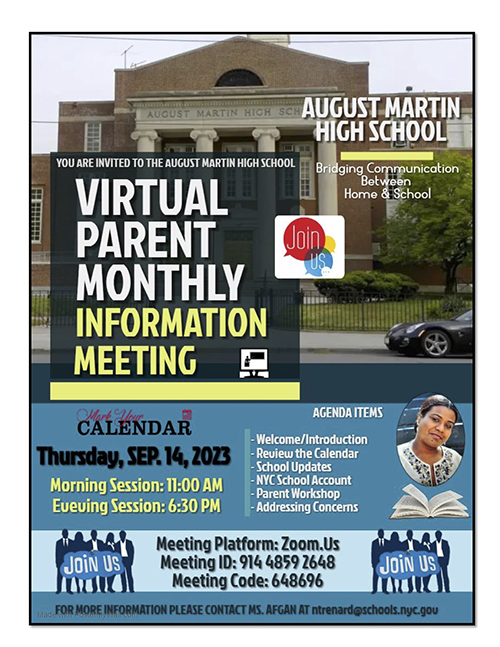 Virtual Parent Monthly Meeting flyer